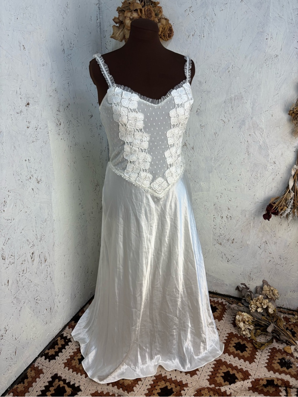 FLORA Vintage Style Lace Satin Floral Maxi Slip Ivory Dress Size XL
